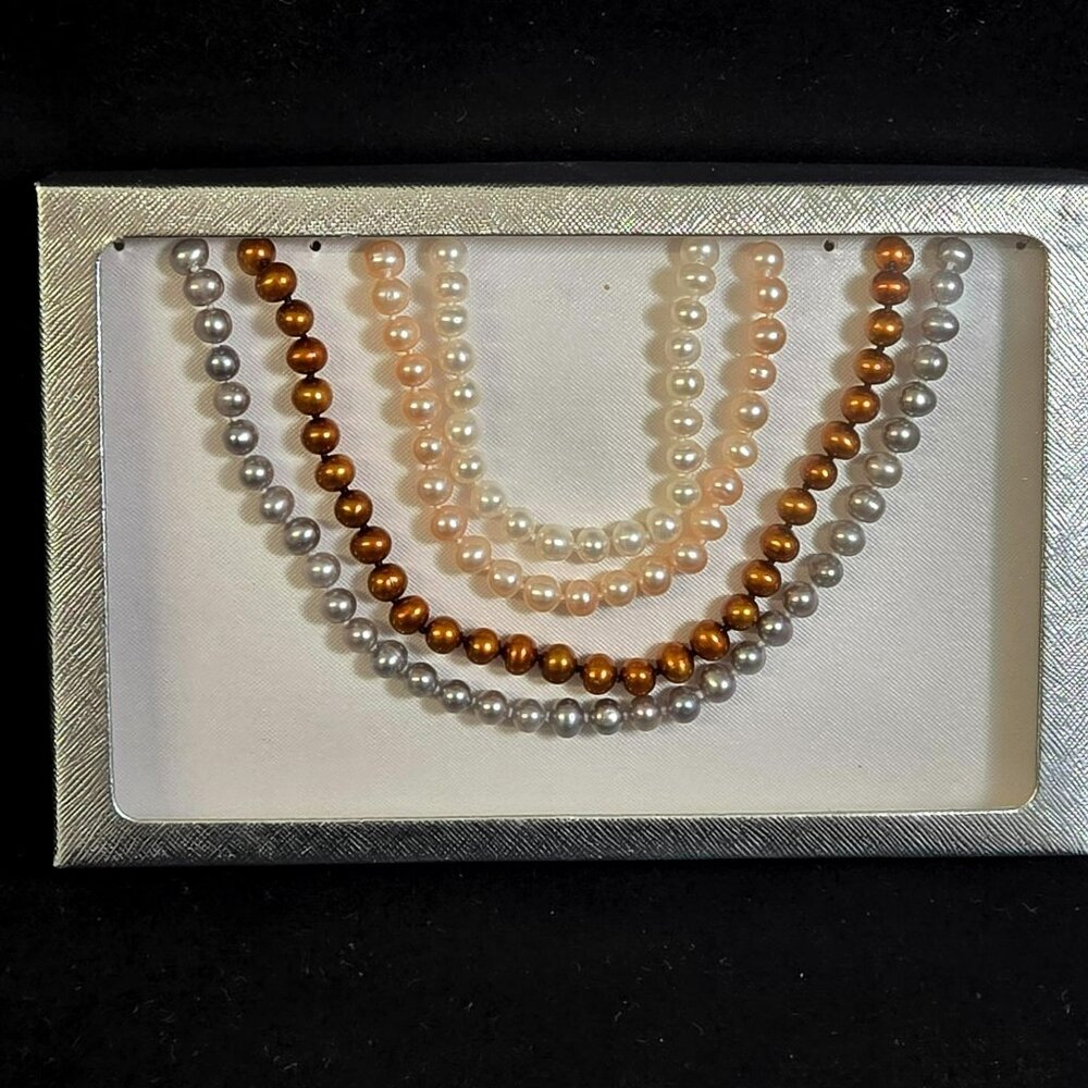 Set 4 Faux Pearl Necklaces White Pink Bronze Gray Beaded 17in Strand Jewelry